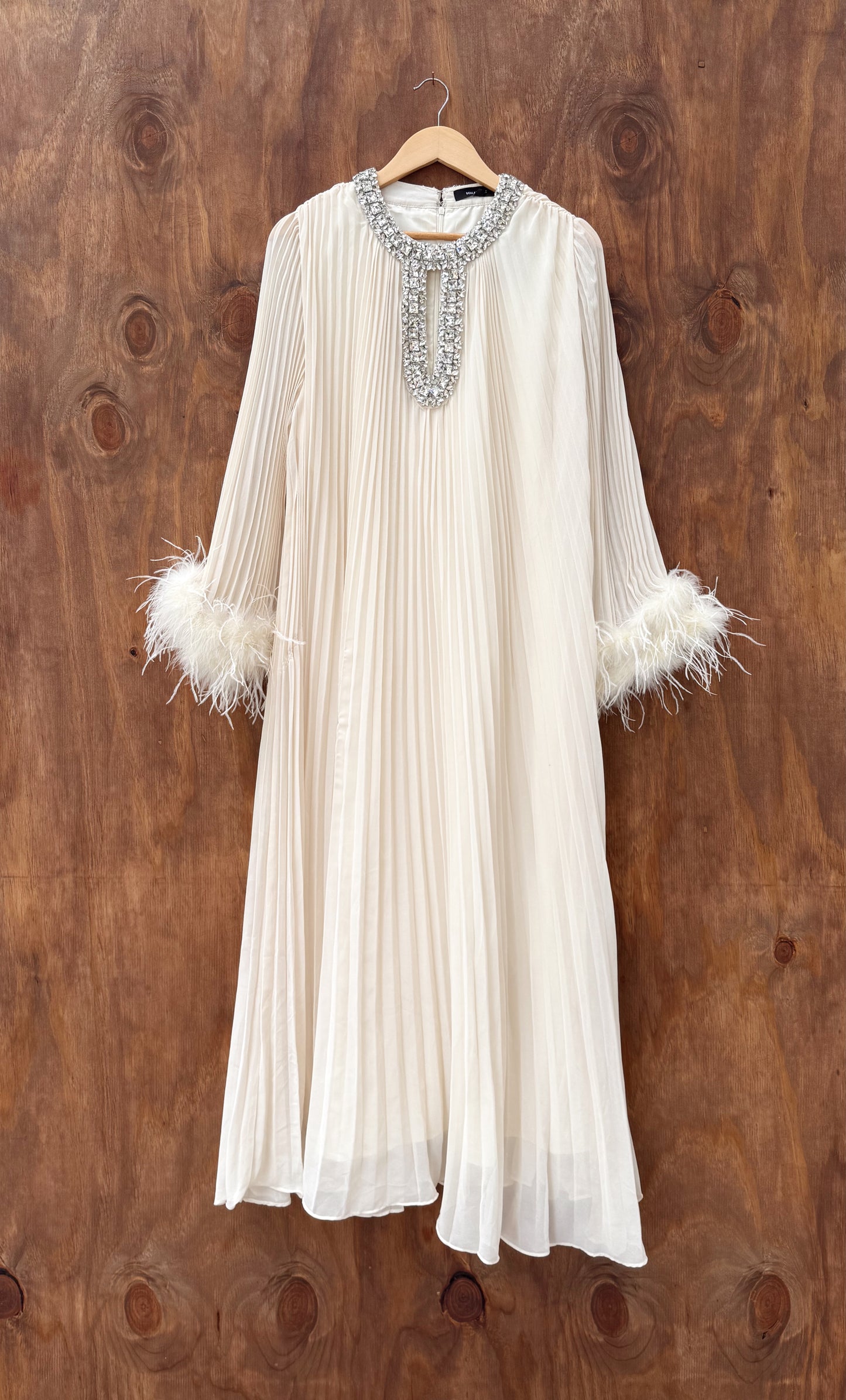 White Semi Formal flowing Maxi Dress with Feathers and jeweled neckline