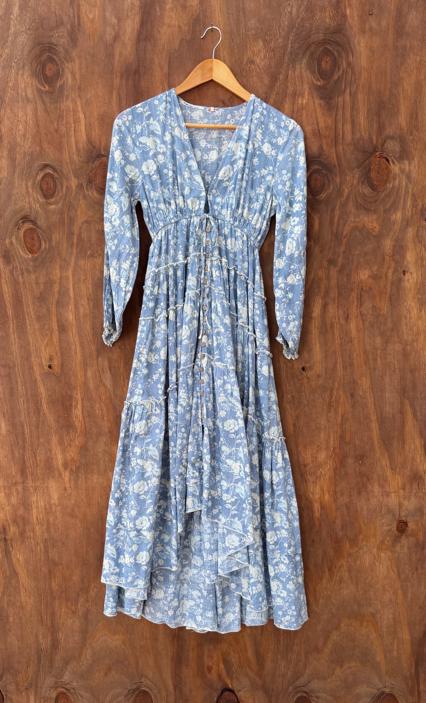 Blue patterned midi buttonup dress, cinch tie by Free people