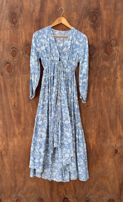 Blue patterned midi buttonup dress, cinch tie by Free people