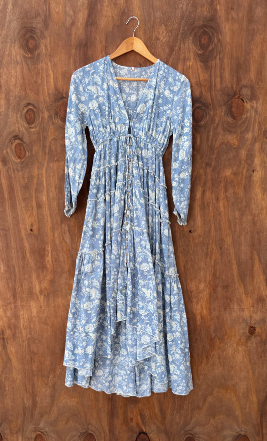 Blue patterned midi buttonup dress, cinch tie by Free people