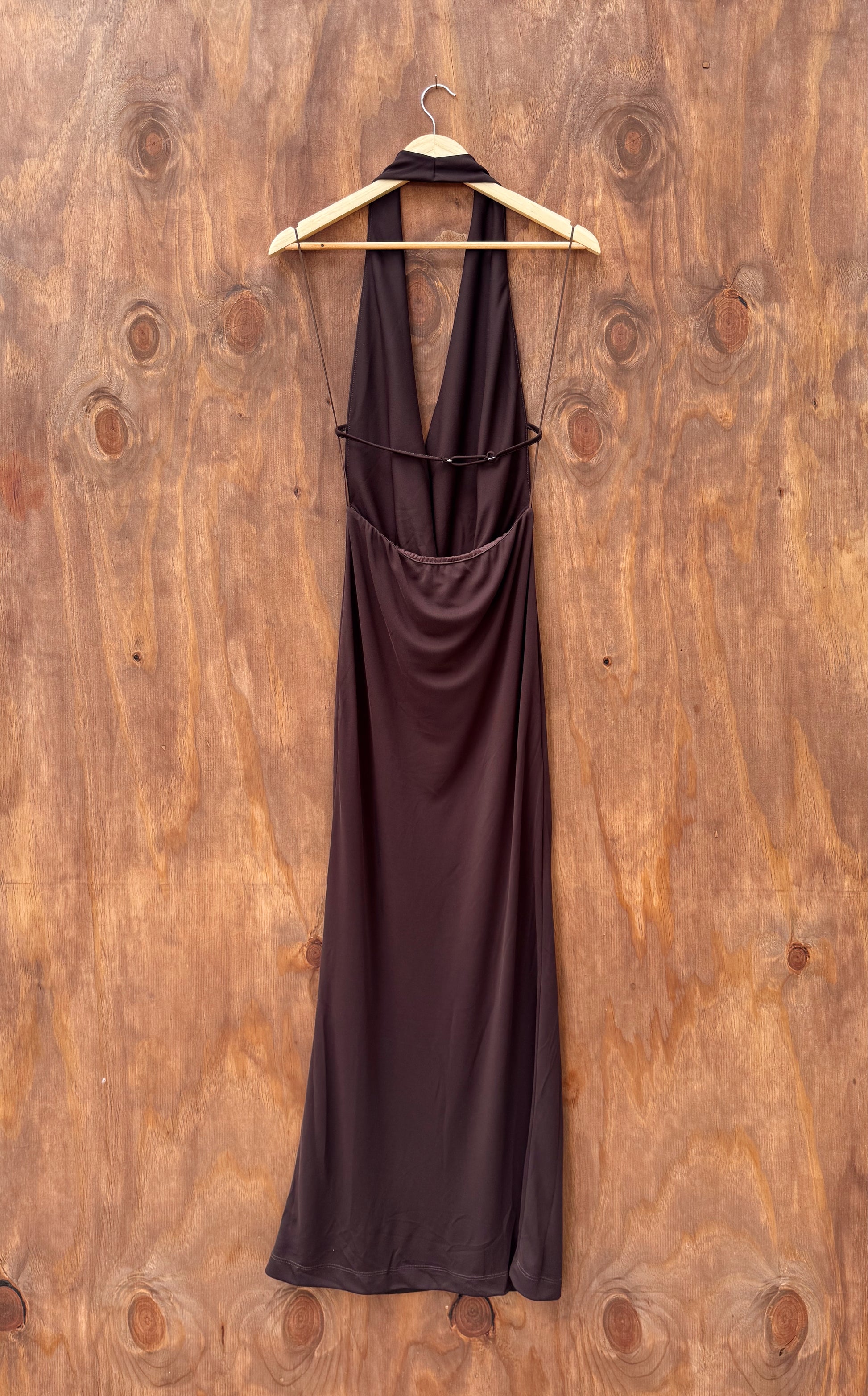 Chocolate Brown deep v neck halter maxi dress, Backless with single flattering strap 