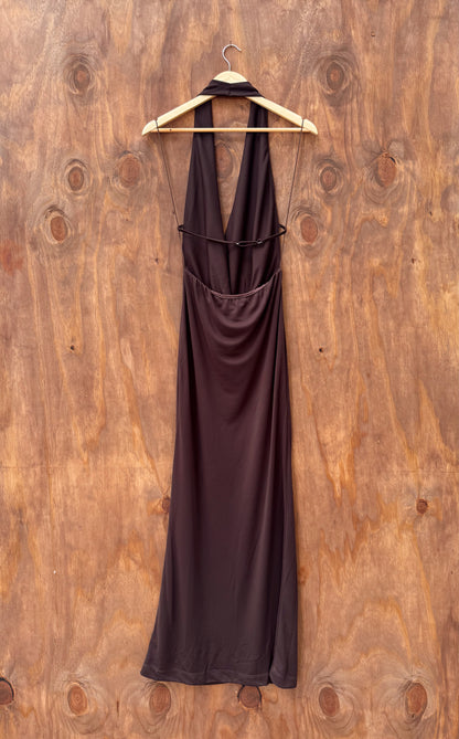 Chocolate Brown deep v neck halter maxi dress, Backless with single flattering strap 