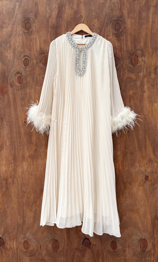 White Semi Formal flowing Maxi Dress with Feathers and jeweled neckline

