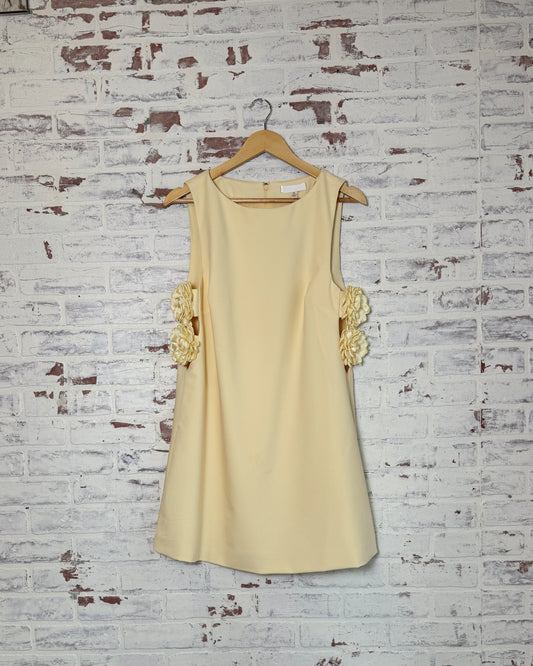 Pale Yellow A line dress, Floral rosets with side cut outs